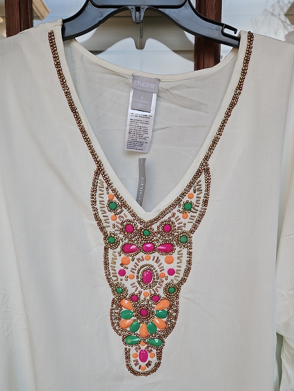 NWT! Chico's White to Green Ombre Tunic with Multicolor Beaded V-Neck's Top - Picture 2 of 6